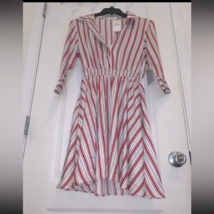 RED/ WHITE STRIP MIDI DRESS